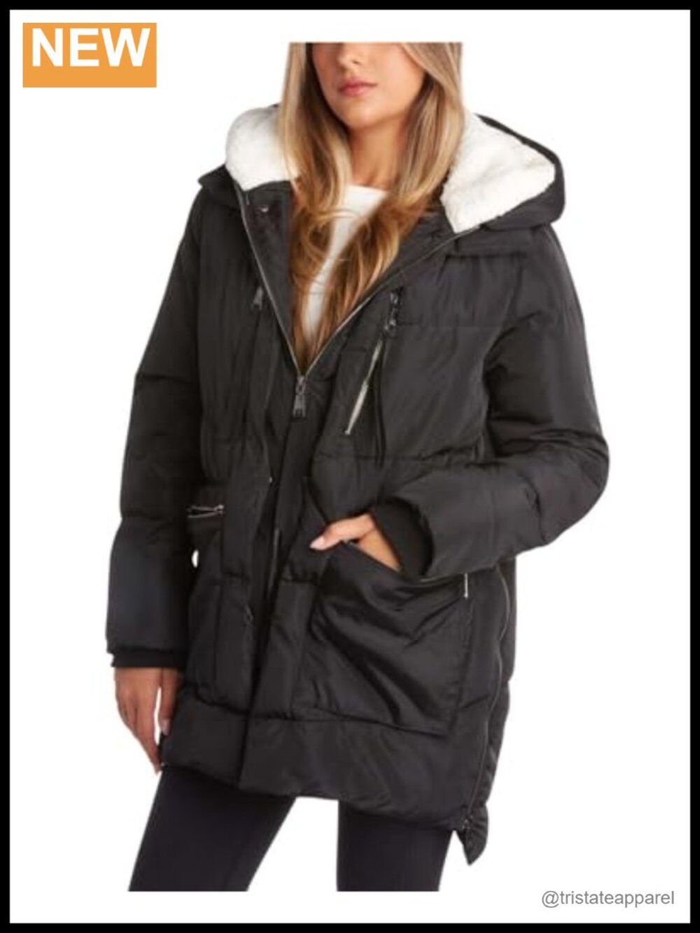 Mid-Length Puffer Parka Coat Quilted Sherpa Hood Winter